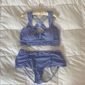 Blue and white striped full bikini